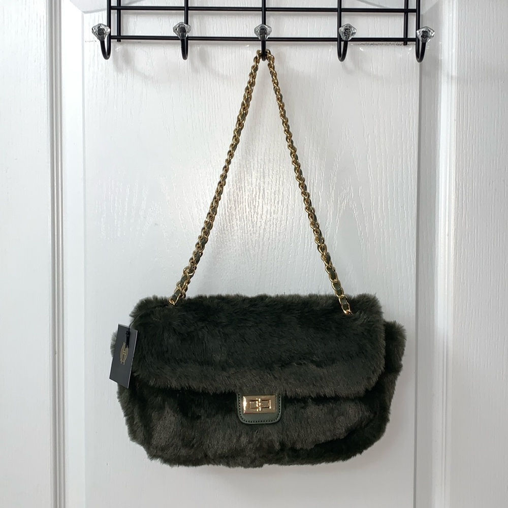 House of Harlow 1960 Deep Green Fur Flap Bag